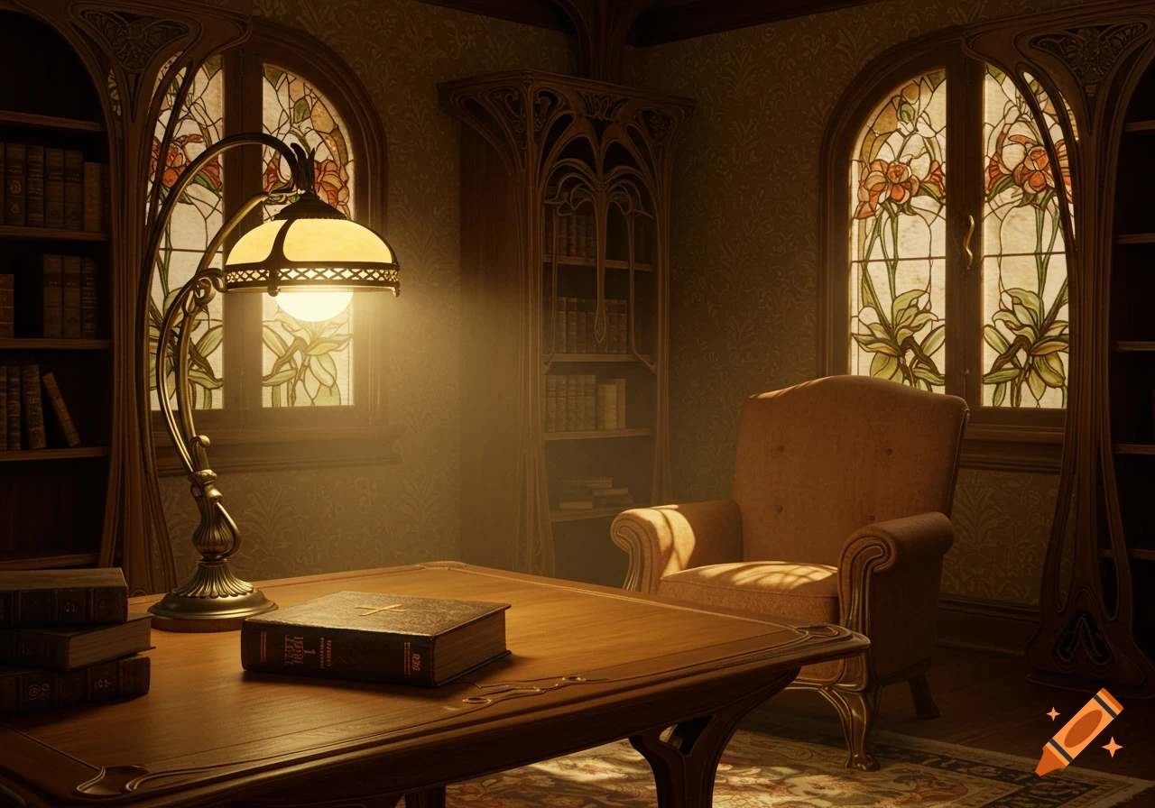 A warm Art Nouveau study room with a desk lamp illuminating a Bible on a wooden desk, surrounded by bookshelves and stained glass windows.