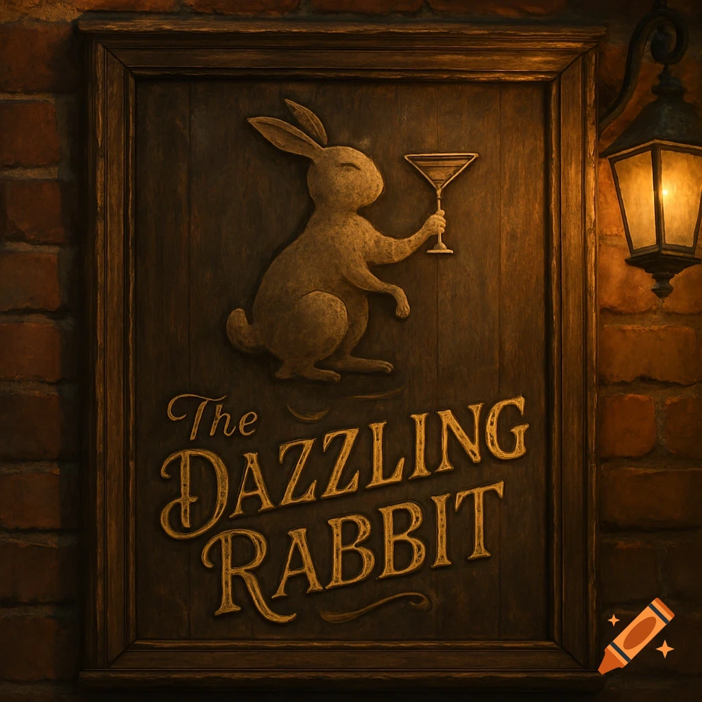 A rustic wooden pub sign with an embossed rabbit holding a martini glass above the words 'The Dazzling Rabbit' lit by a lantern.