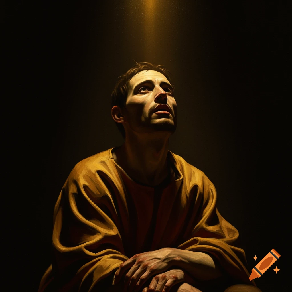 A dramatic chiaroscuro painting of a man in a yellow robe looking up into a golden beam of light.