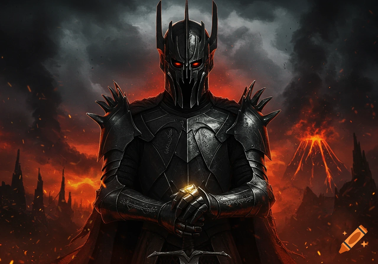 Dark armored figure with glowing red eyes and spiky helmet, holding a sword and ring in a fiery, volcanic landscape.