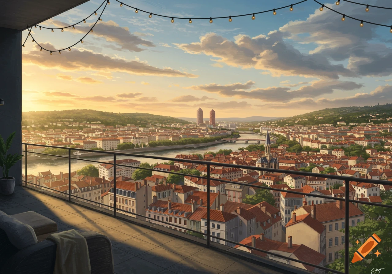 View from a balcony overlooking a European city with a river and hills at sunset, featuring string lights.