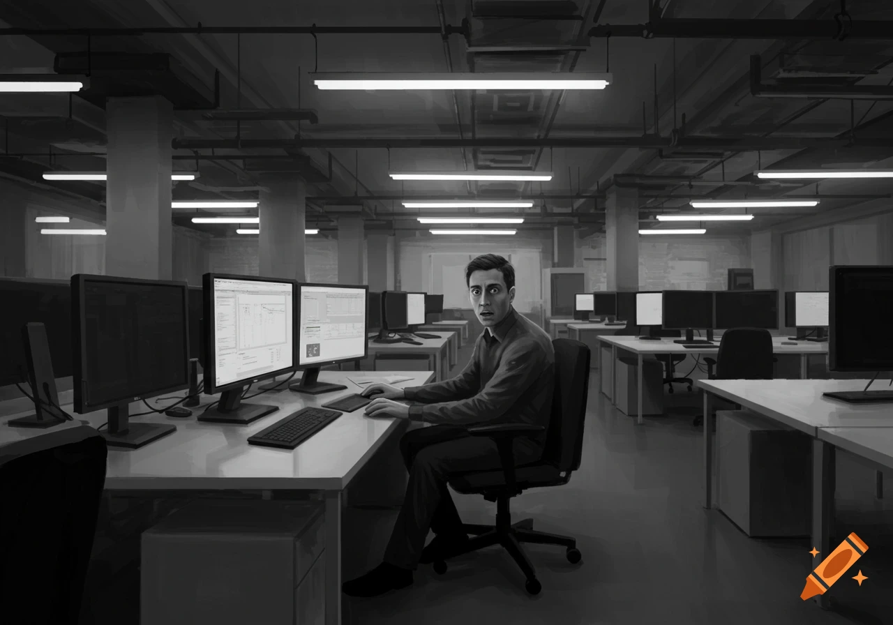 A man with wide eyes stares at two computer screens in a dark, black and white open-plan office.
