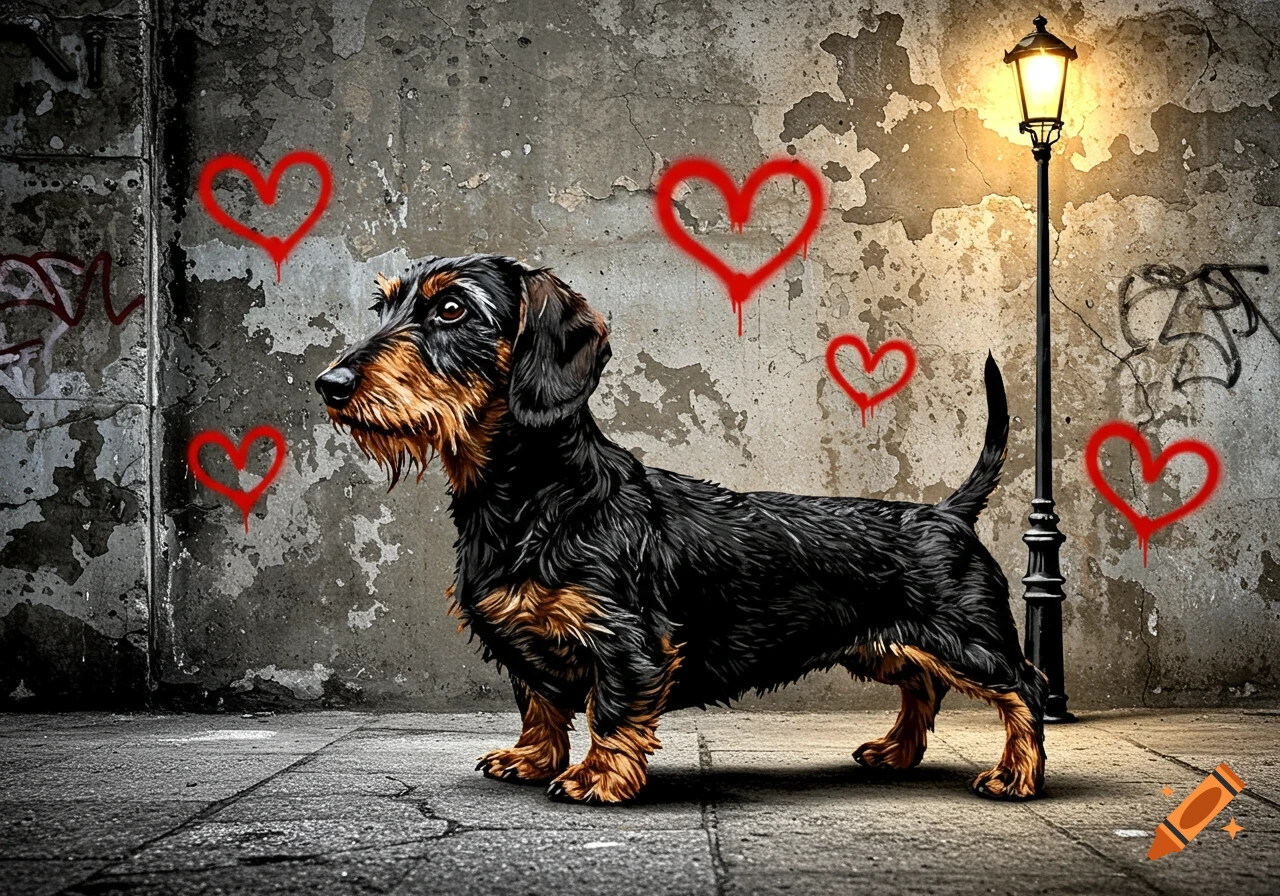 A wire-haired dachshund stands in an urban setting with red graffiti hearts and a lamppost, in a stylized, Banksy-like art style.