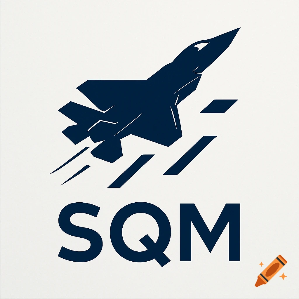 Dark blue silhouette of an F-35 fighter jet flying over the text SQM, on a white background.