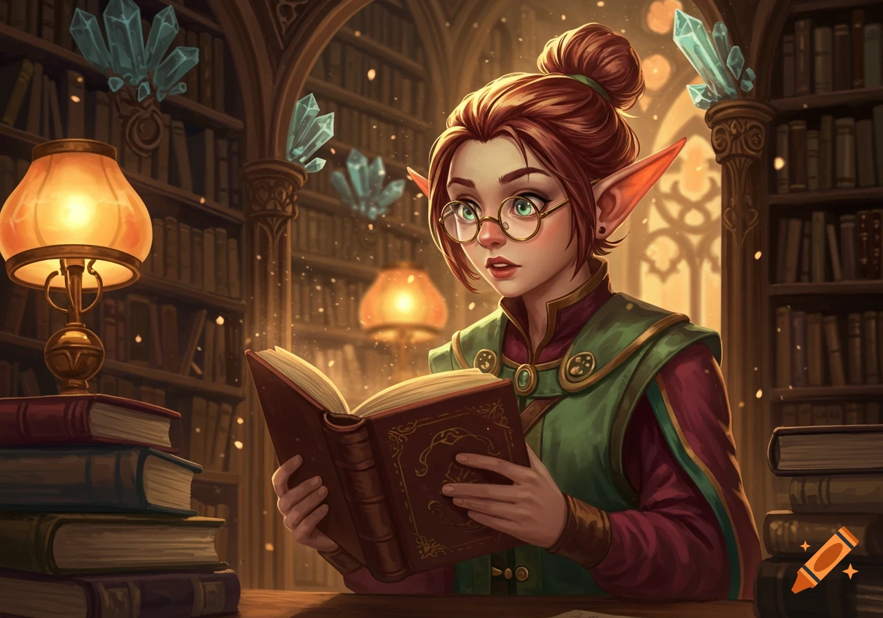 A nerdy female elf librarian with glasses and red hair reads a book in a magical library filled with glowing crystals and books.