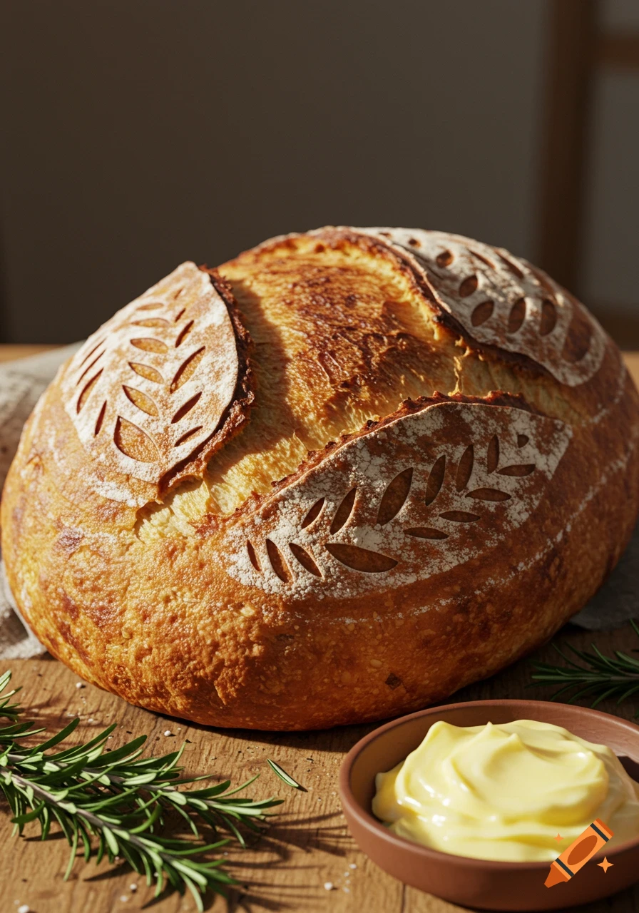A photorealistic image of a golden-crusted artisan bread loaf with decorative scoring, fresh rosemary, and butter on a wooden table.