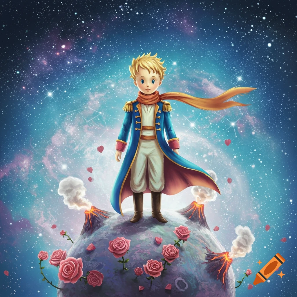 A young boy in a blue coat and orange scarf stands on a small planet with red roses and smoking volcanoes against a starry galaxy background. Illustrated.