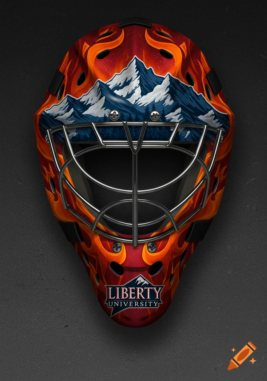 A hockey goalie mask designed with red and orange flames, snowy blue mountains, and a 'LIBERTY UNIVERSITY' logo.