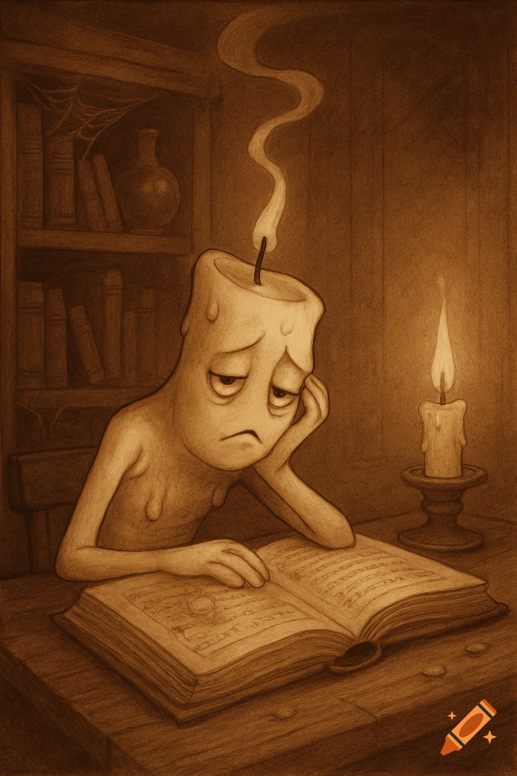 Sepia illustration of a sad, anthropomorphic candle character with an extinguished flame, sitting bored, reading a book.