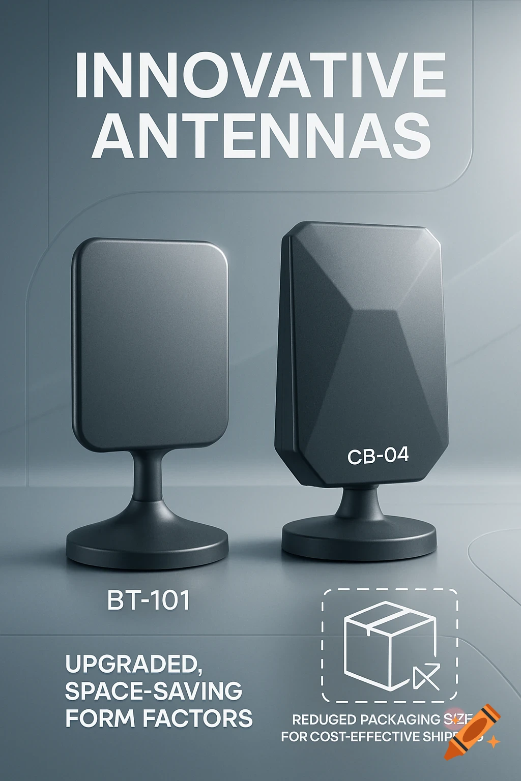 Promotional poster showing two sleek, dark gray antennas (BT-101 and CB-04) on stands, with text about innovative, space-saving designs and reduced packaging.