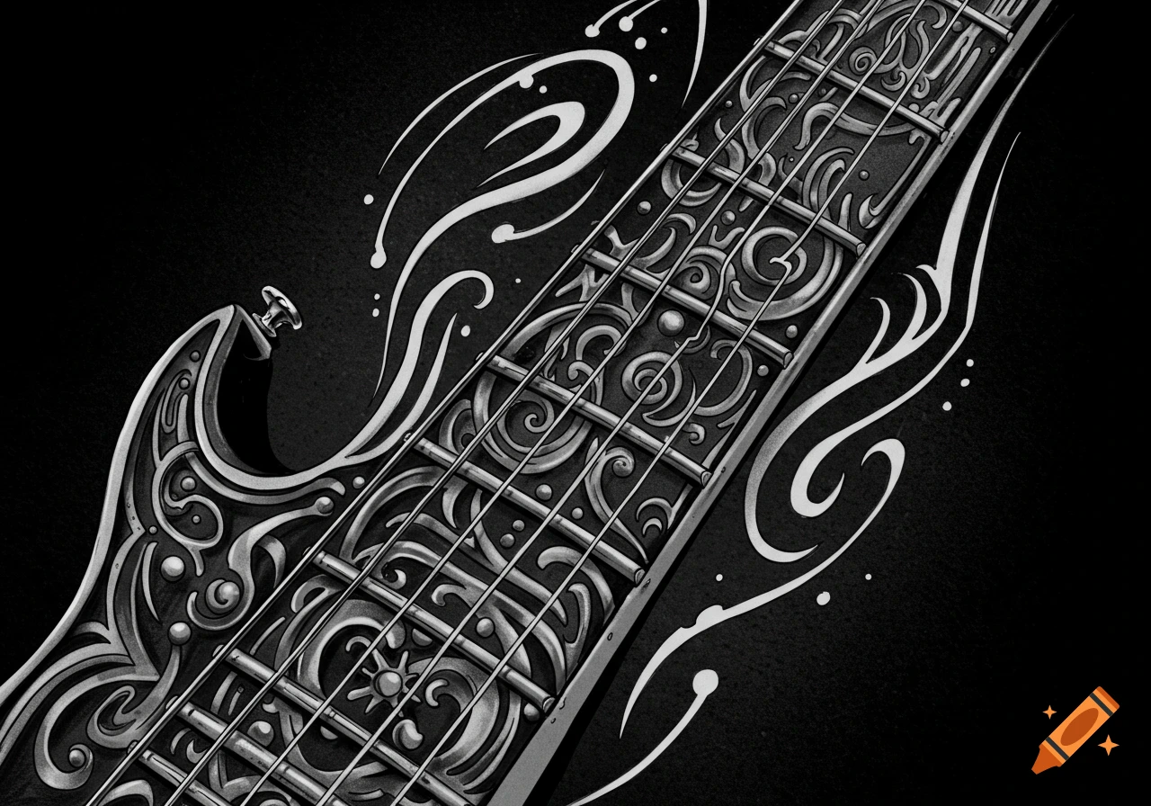 Grayscale close-up of an ornate guitar neck and fretboard with intricate tattoo-style patterns.