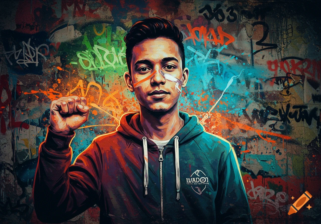 A stylized, colorful portrait of a young man with face paint, raising a fist, against a vibrant, graffiti-covered wall.