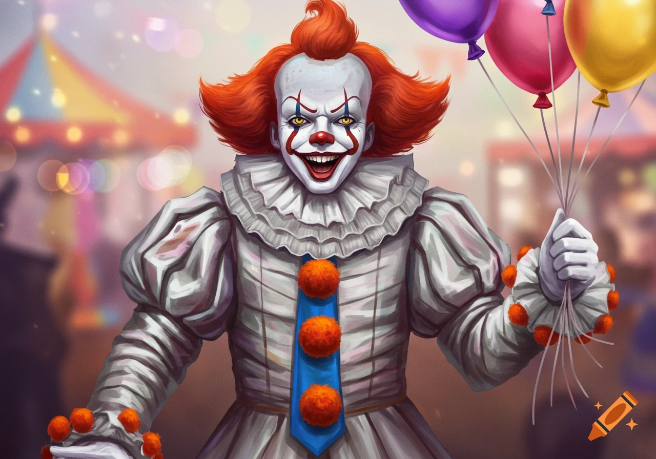 A terrifying Pennywise-like clown with red hair and a white face, wearing a ruffled costume, holds colorful balloons at a carnival.