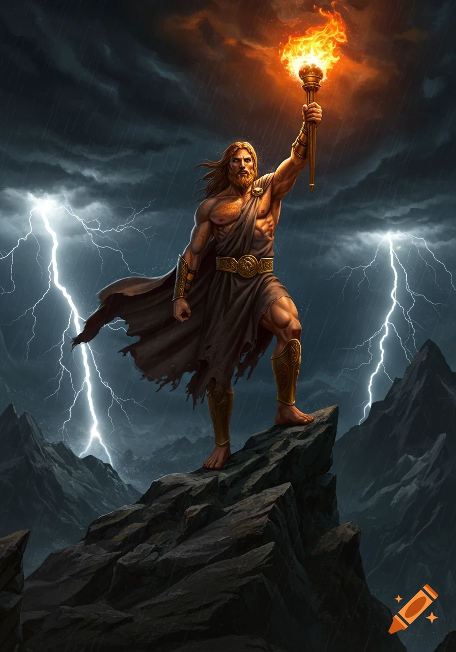 Muscular, bearded man in ancient attire stands on a rocky peak, holding a flaming torch amidst a lightning storm in a dramatic digital art style.