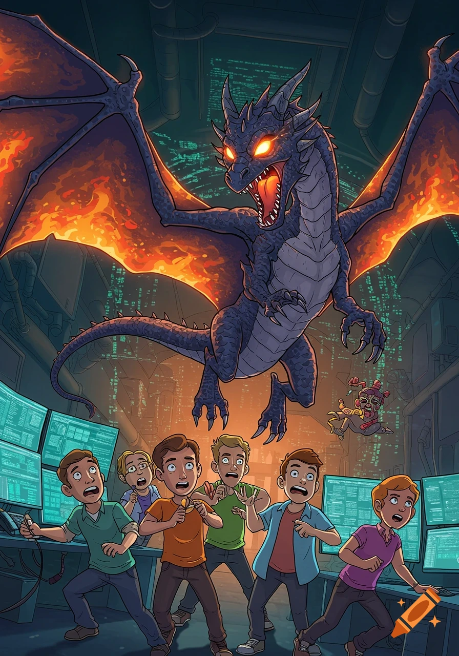 A cartoon dragon with fiery wings swoops into an IT office, scaring a group of young men working at computers.