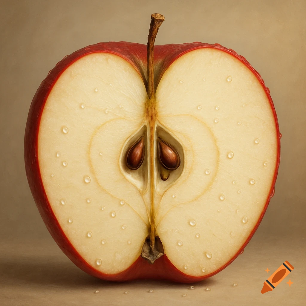 Photorealistic close-up of a red apple cut in half, revealing its white flesh, brown seeds, and water droplets.