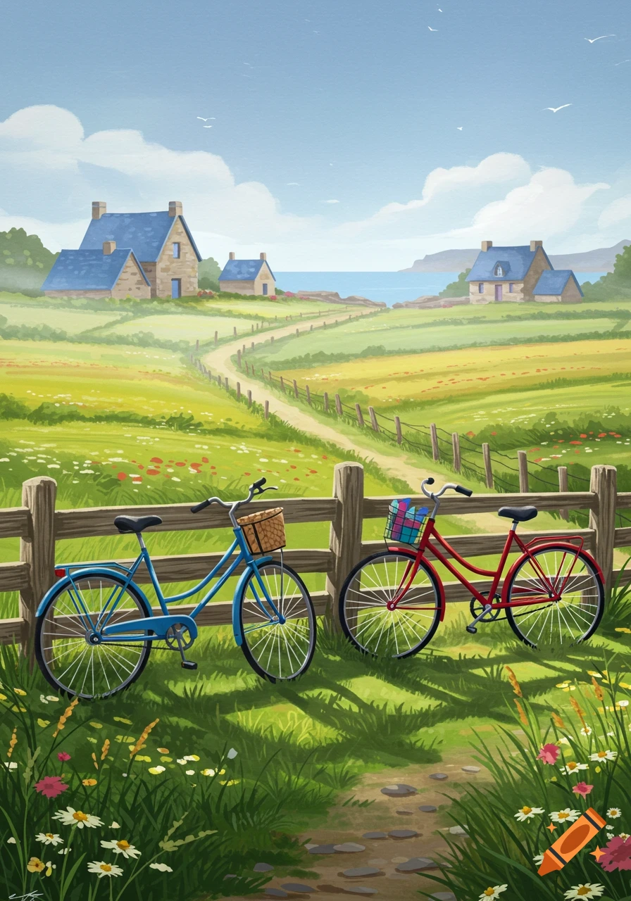 Vibrant illustration of two bicycles by a wooden fence in a countryside landscape with a path, houses, and the sea under a blue sky.