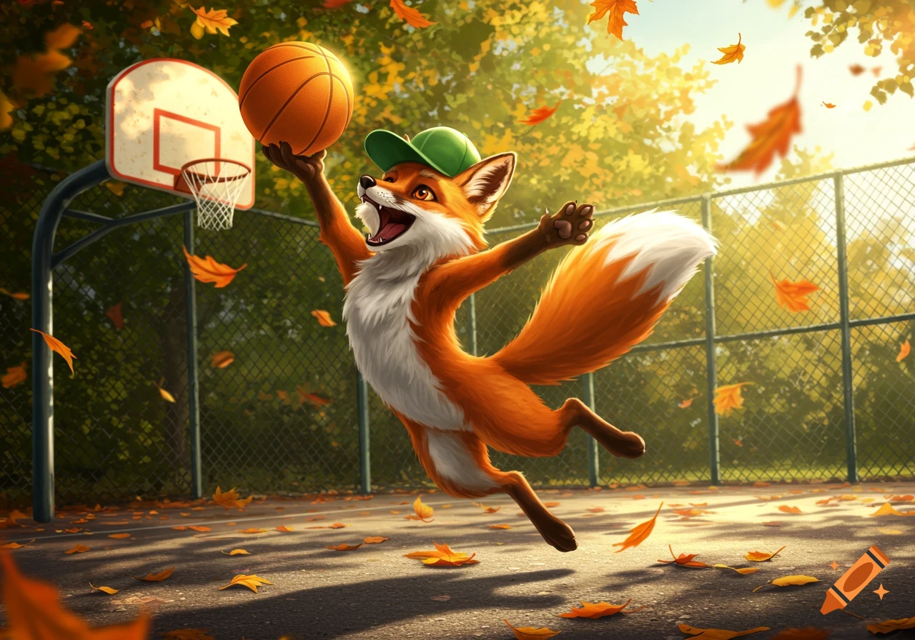 A cheerful cartoon red fox in a green cap jumps, holding a basketball on an autumn court with falling leaves.