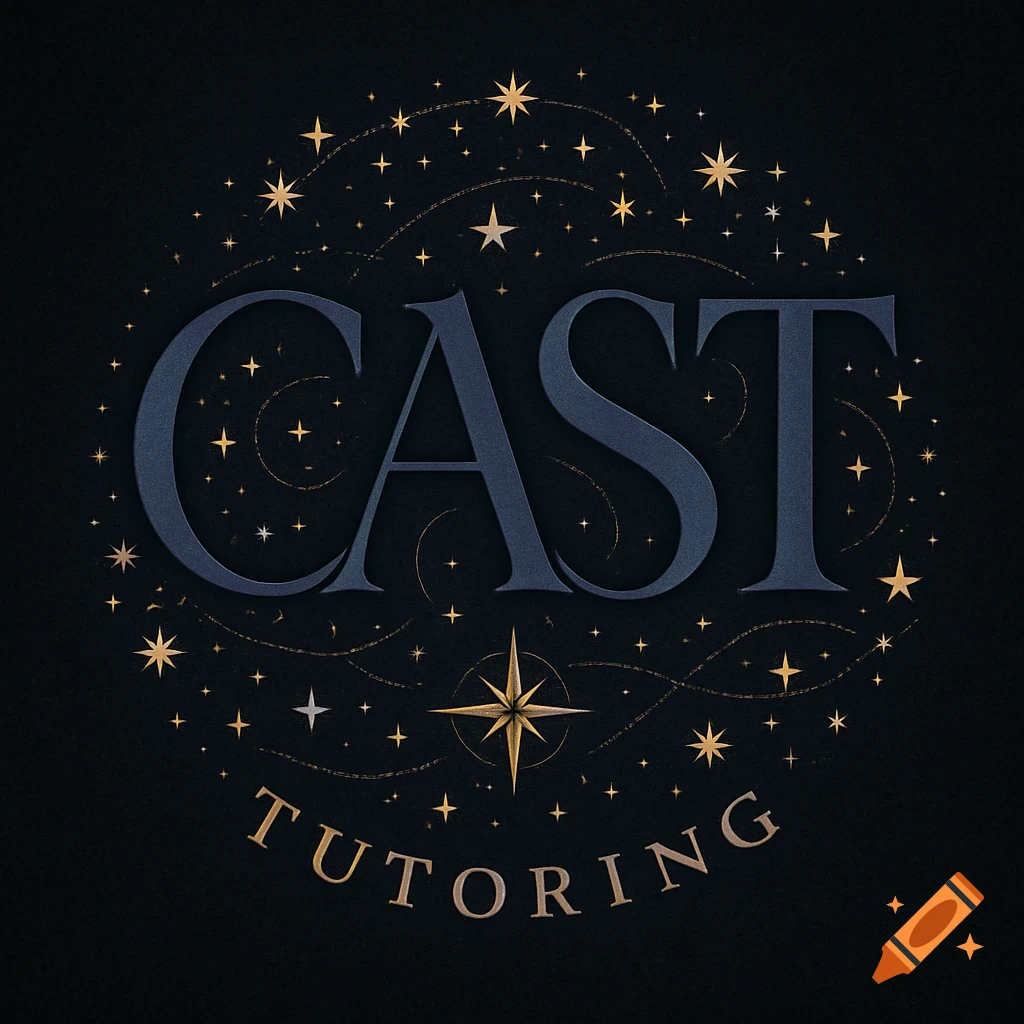 A logo featuring the word "CAST" in dark blue, encircled by golden stars and the word "TUTORING" in gold on a black background.