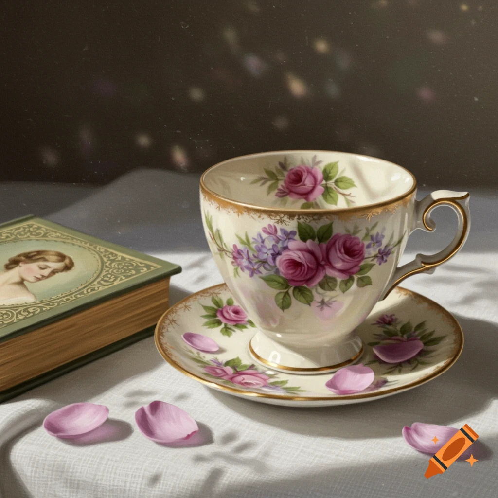 A detailed still life of an ornate floral teacup and saucer next to a vintage book and pink rose petals on a white tablecloth with dappled sunlight.