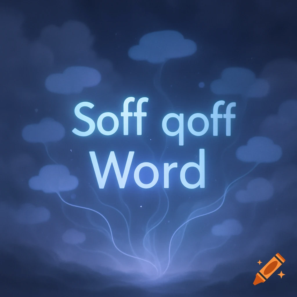 Glowing blue text "Soff qoff Word" against a dark blue cloudy sky with a bright light below, digital art.