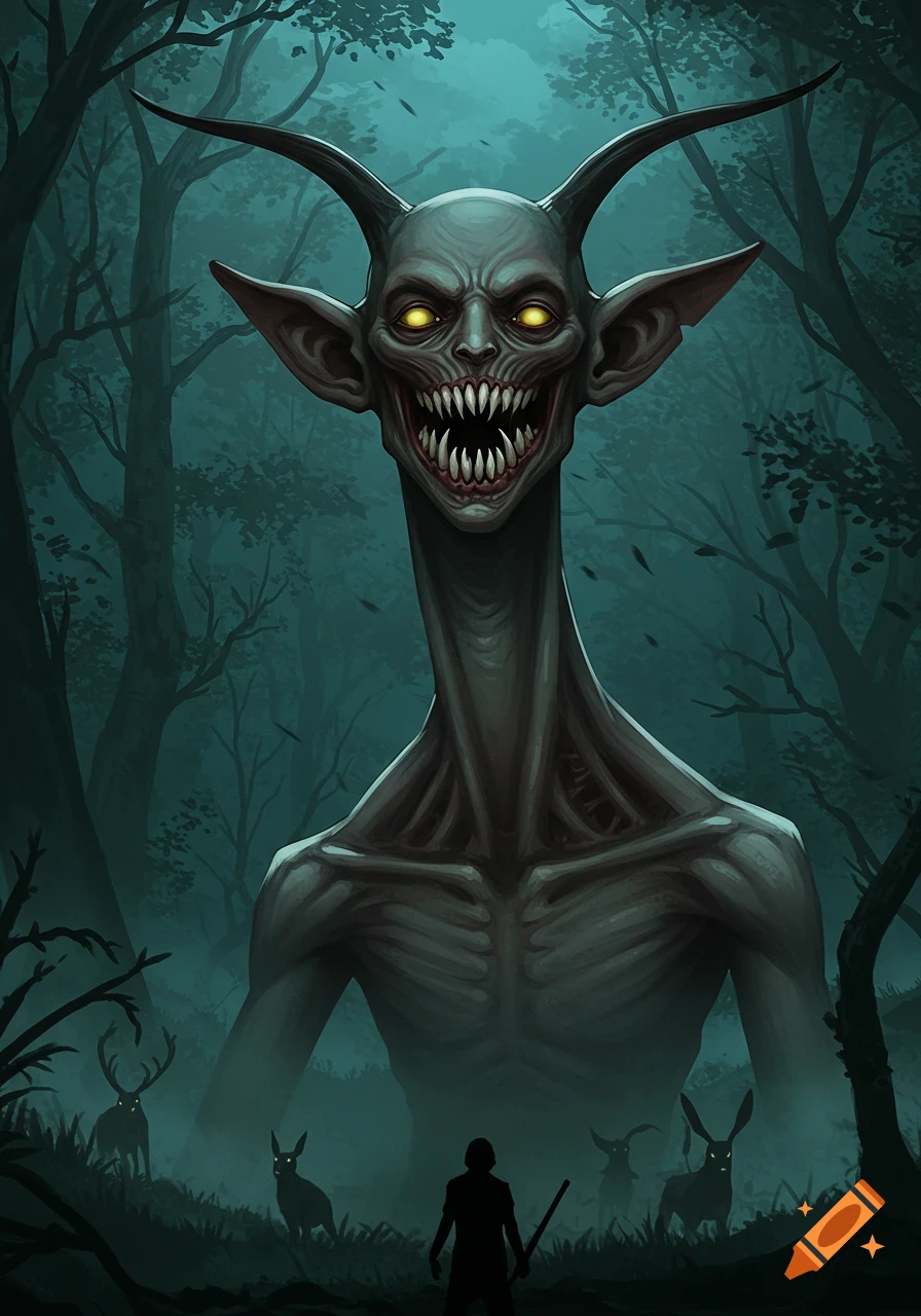A tall, slender monster with glowing yellow eyes and sharp teeth grins in a dark forest as a human stands below.