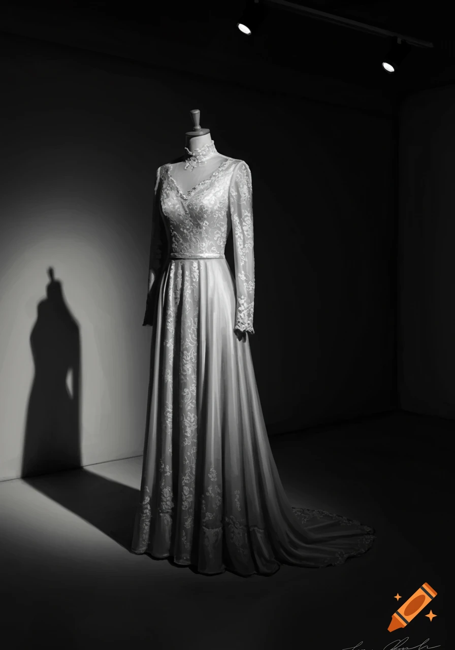 Black and white illustration of an ornate, long-sleeved dress on a mannequin, spotlighted in a dark room.