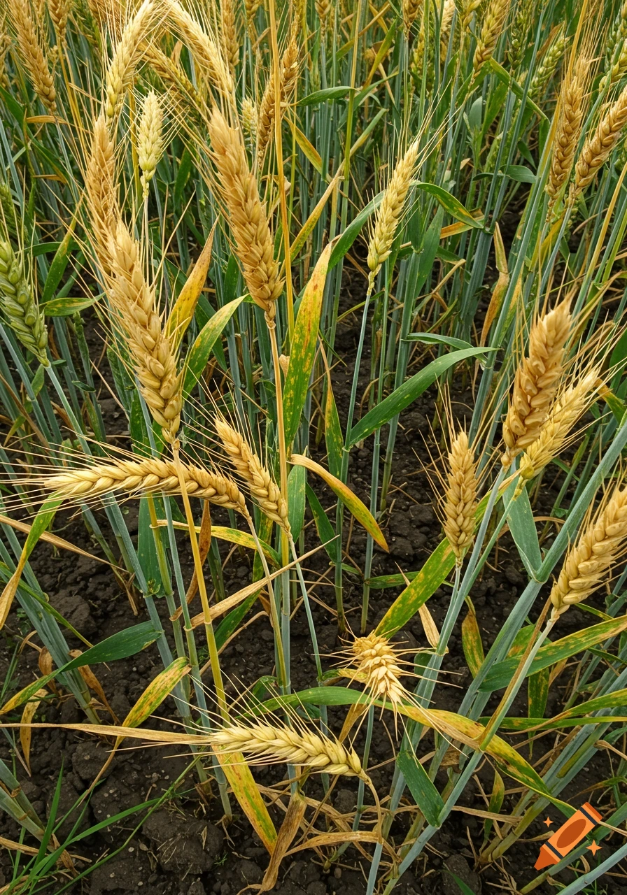 Vertical close-up view of a field showing golden wheat ears and green leaves with some yellow-brown spots, growing in dark soil.