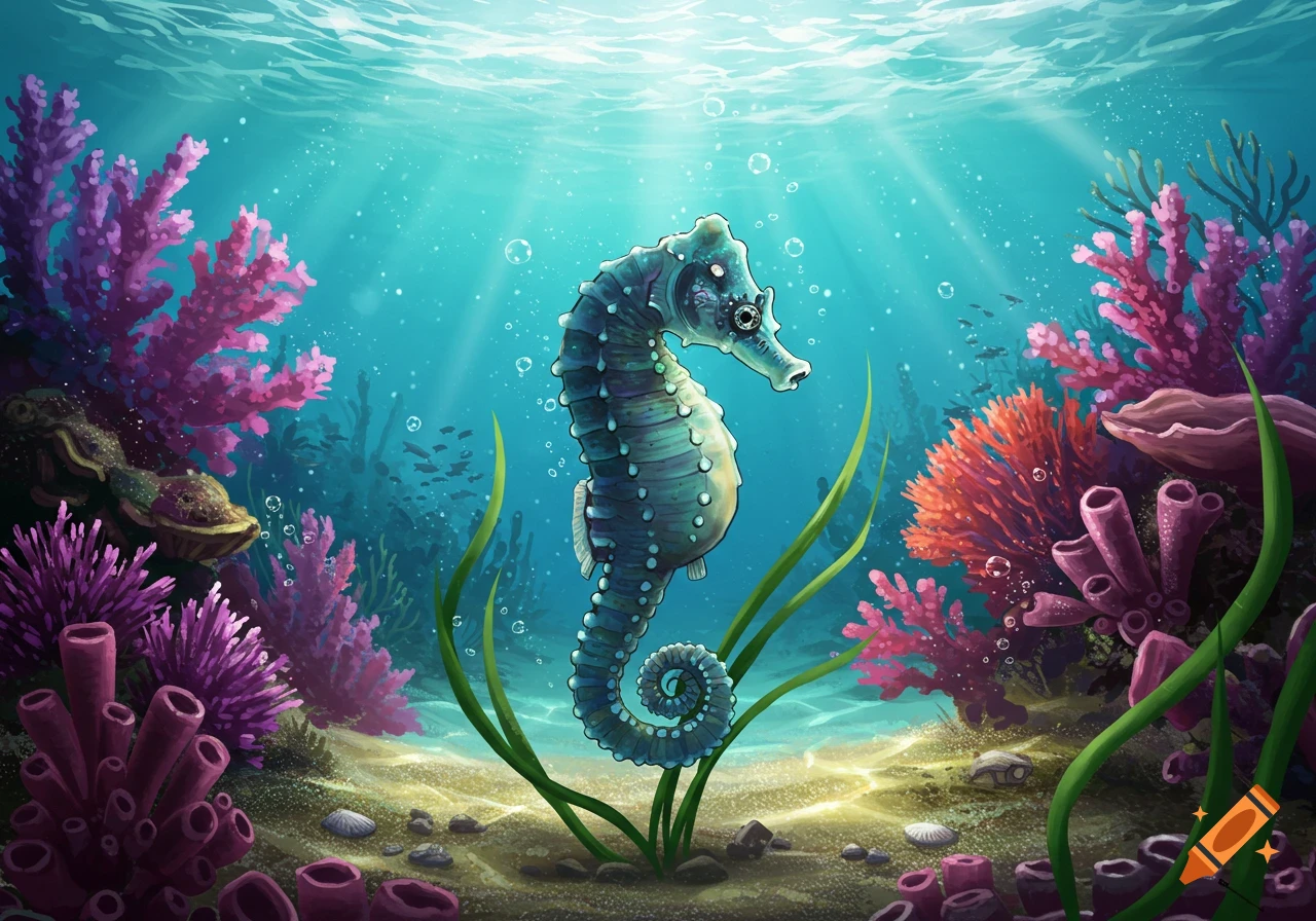 A blue seahorse with light spots swims in a vibrant underwater scene with colorful coral, seaweed, and sunlight filtering from above.