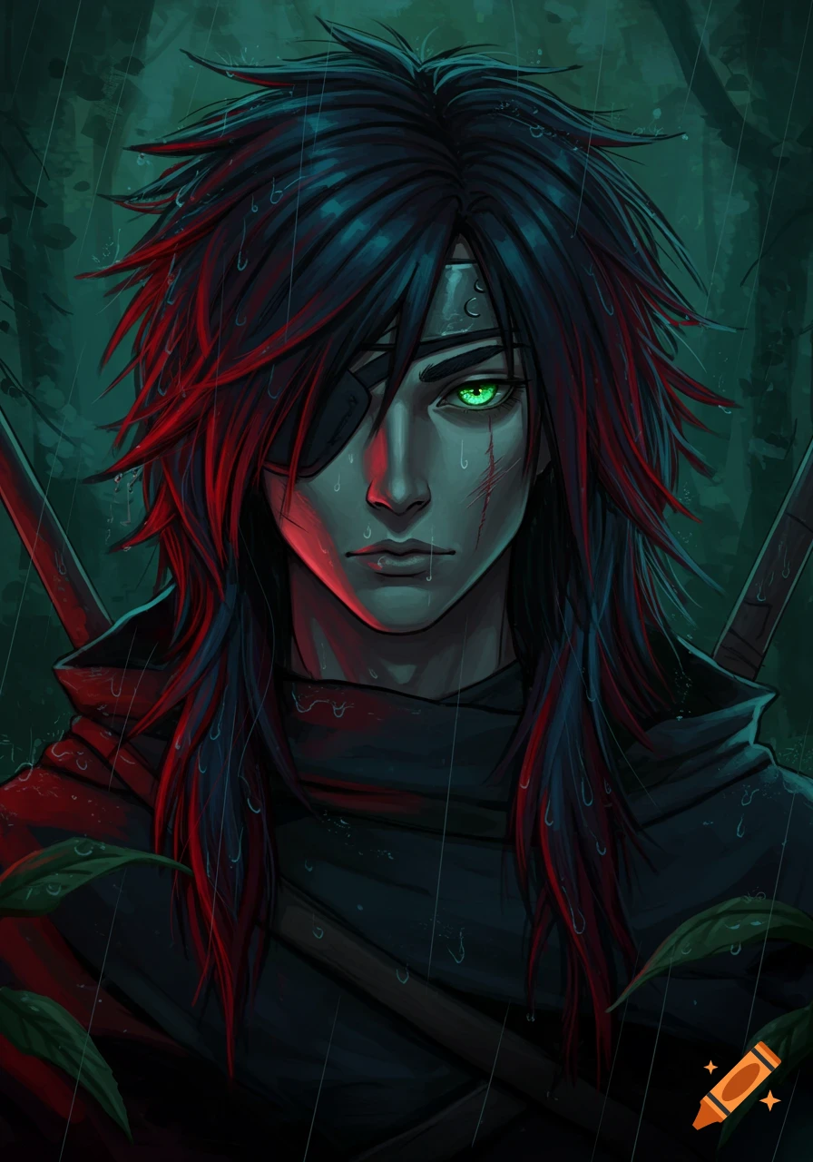A detailed anime drawing of a young man with messy blue and red hair, a glowing green eye, an eyepatch, and scars, in the rain in a forest.