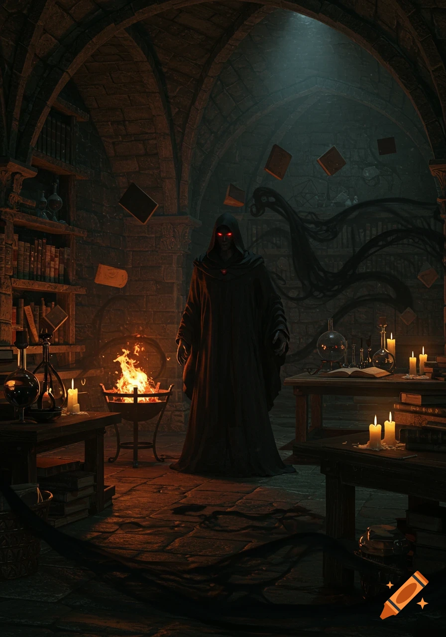 Dark mage with glowing red eyes in a gloomy underground stone study with a fire, floating books, and swirling shadows.