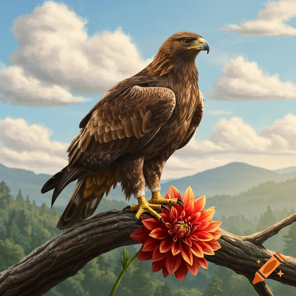 A majestic golden eagle perched on a tree branch, holding a vibrant red and orange dahlia in its talons, with mountains and a cloudy sky background.