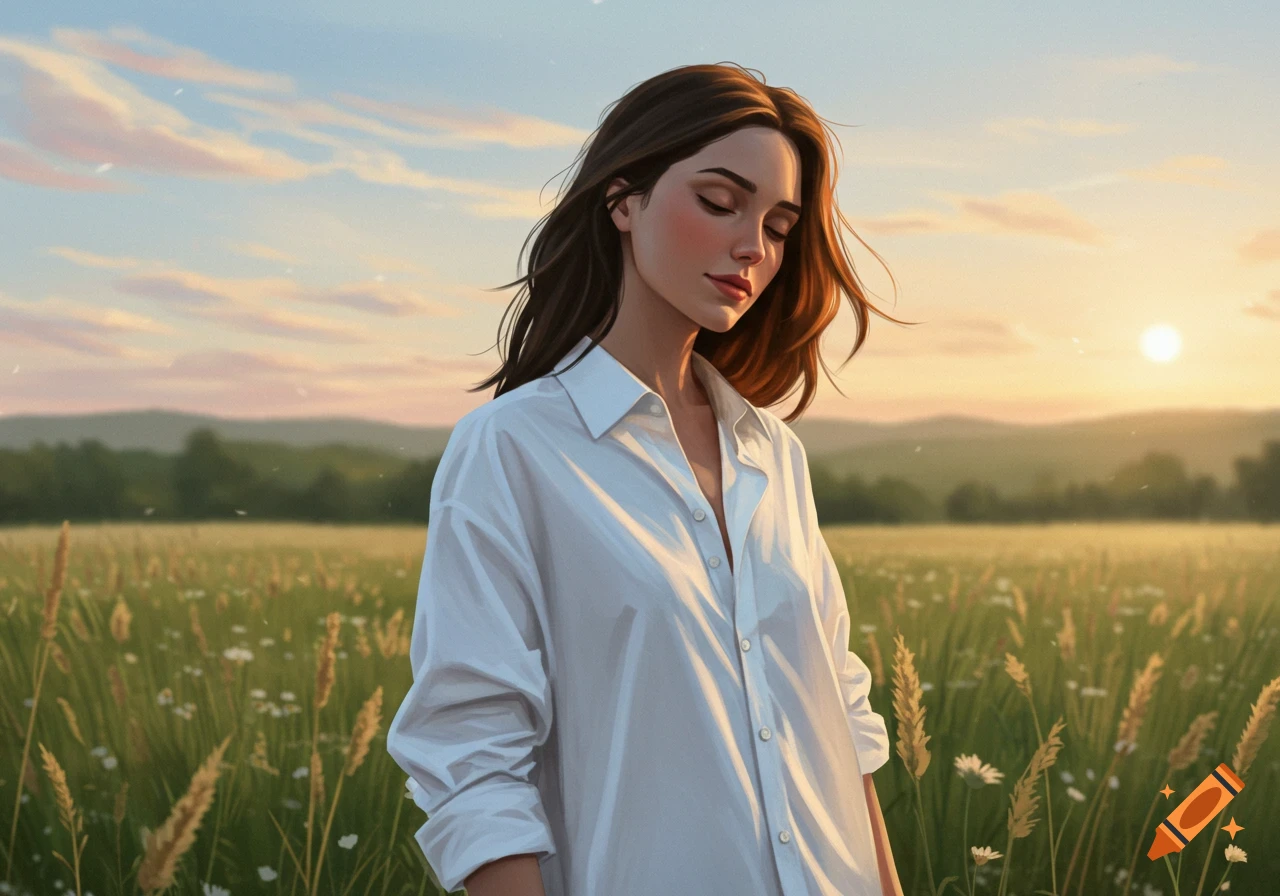 A serene woman with long brown hair, wearing a white oversized shirt, stands in a golden sunlit field at sunset.