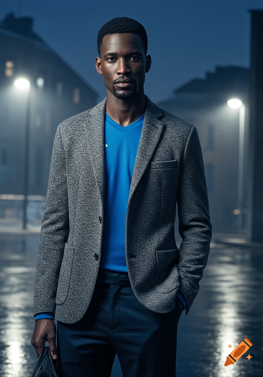 A man in a grey blazer and blue V-neck shirt stands on a wet street at night.