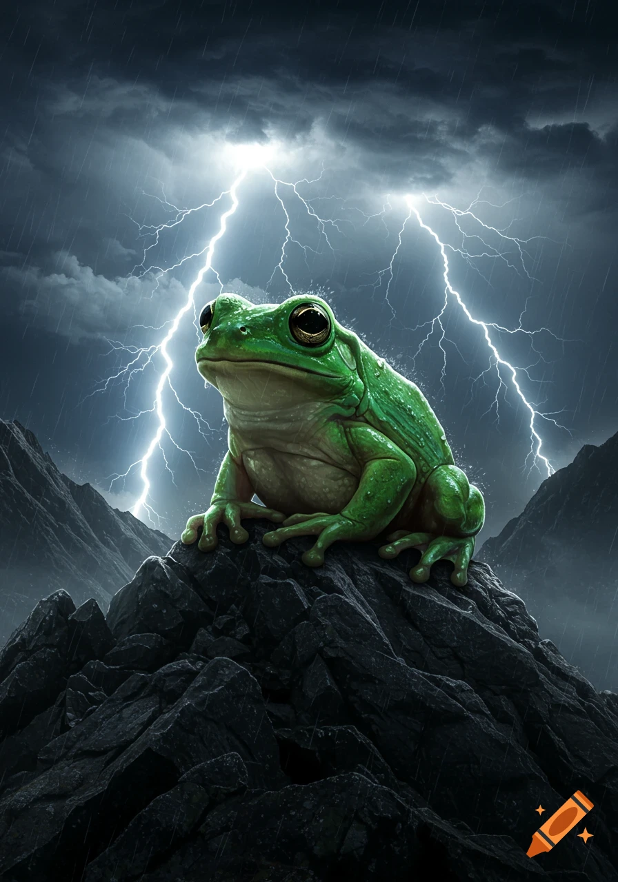 A large green frog sits stoically on dark rocky mountains as lightning flashes across a stormy, rain-filled sky.
