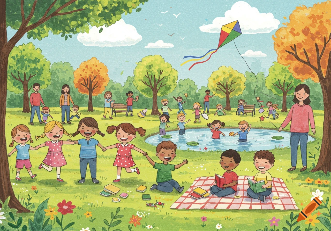 Whimsical illustration of diverse children and adults playing in a sunny park with trees, a pond, and a flying kite.