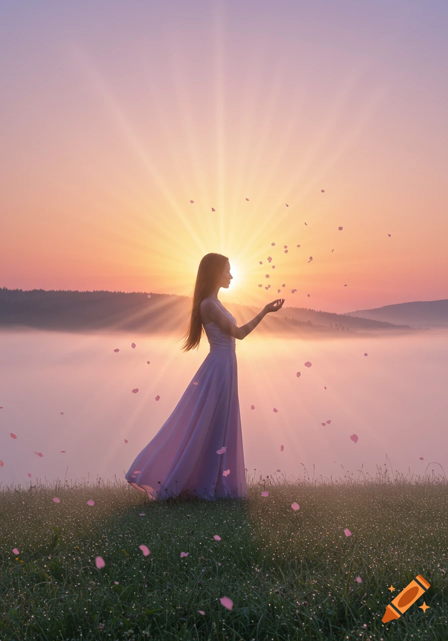 A woman in a flowing dress stands on a grassy hill overlooking a misty valley at sunrise, with pink petals floating around her.