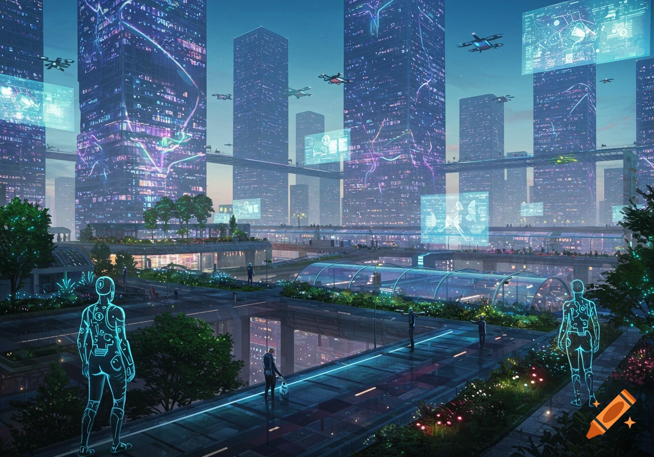 A vibrant, detailed illustration of a futuristic city at dusk, with towering skyscrapers, holographic displays, flying drones, and glowing human-like figures.