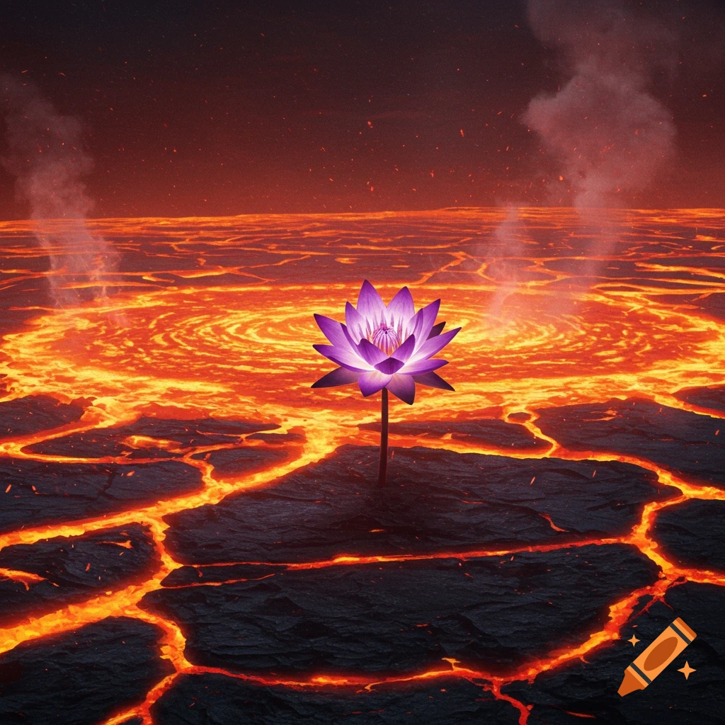A vibrant purple lotus flower grows from a cracked, glowing lava field under a smoky red sky.