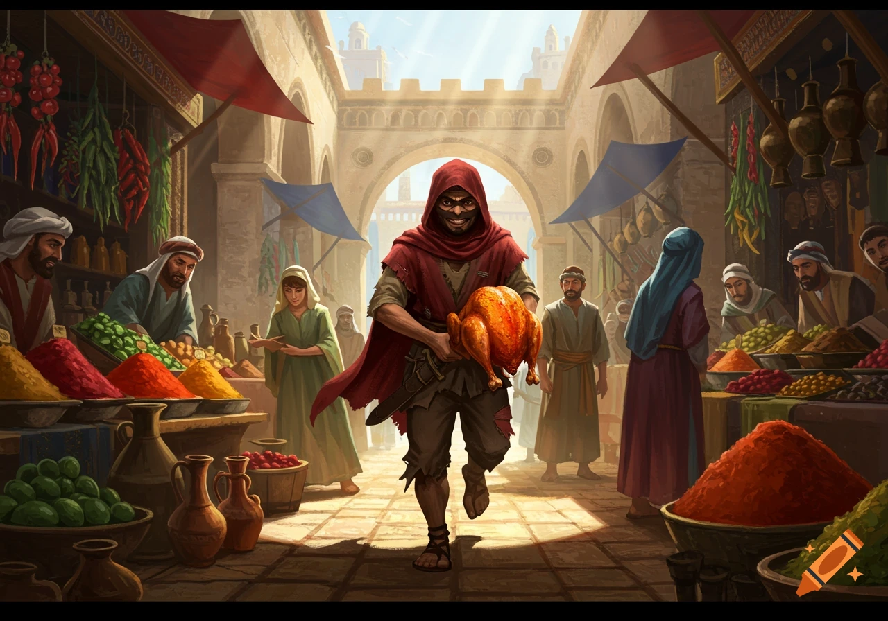 A painting of a hooded thief running through a bustling, colorful market carrying a roasted chicken.