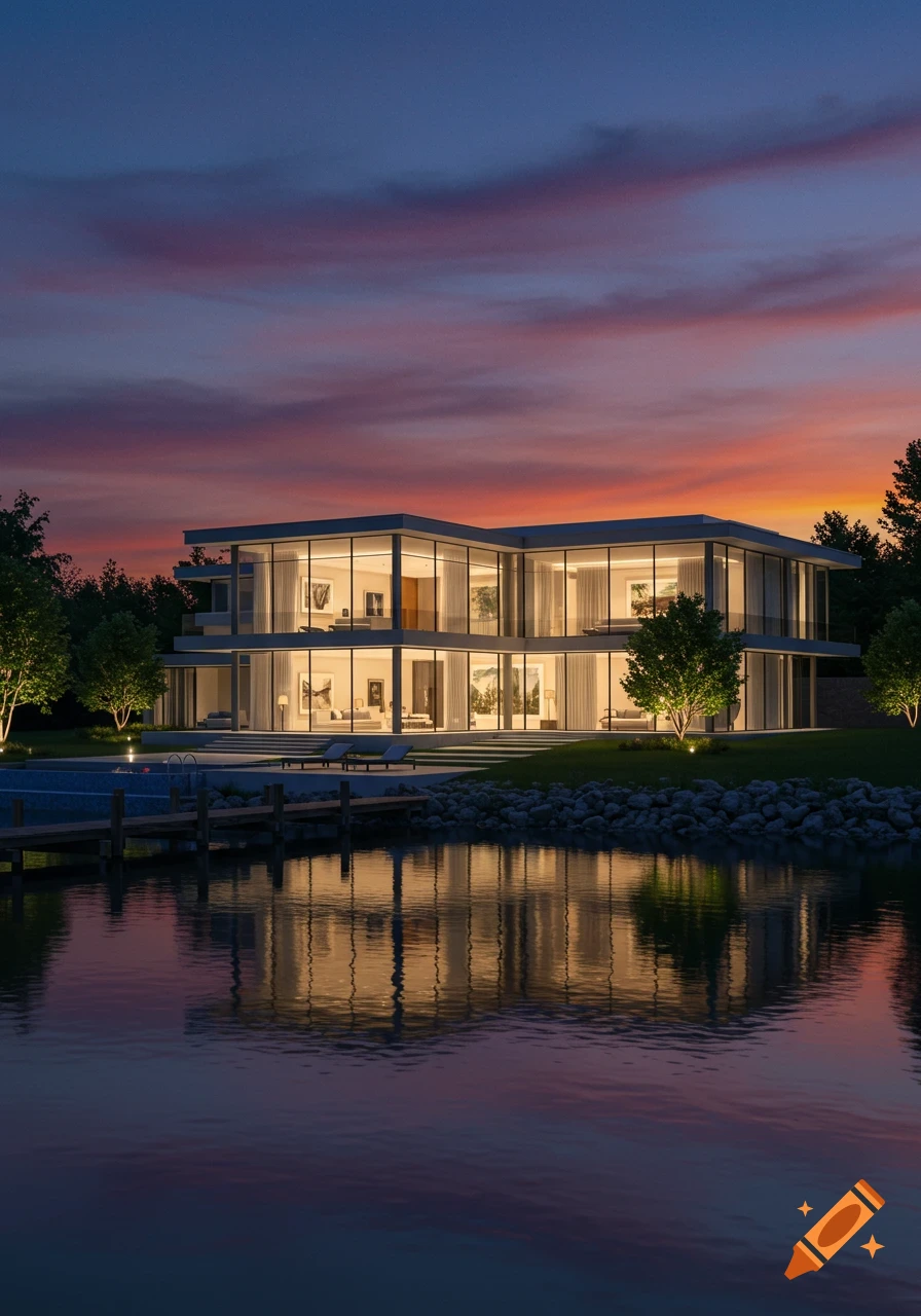 Photorealistic image of a large modern glass mansion with illuminated interiors reflected in a lake at sunset.