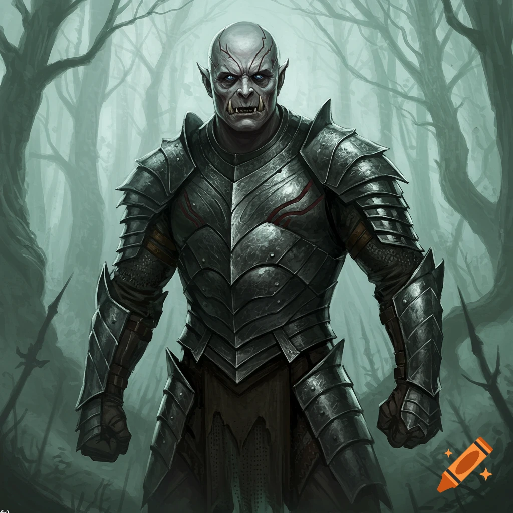 An imposing pale-skinned orc with glowing blue eyes, wearing dark, spiky armor, stands in a misty, dark forest.