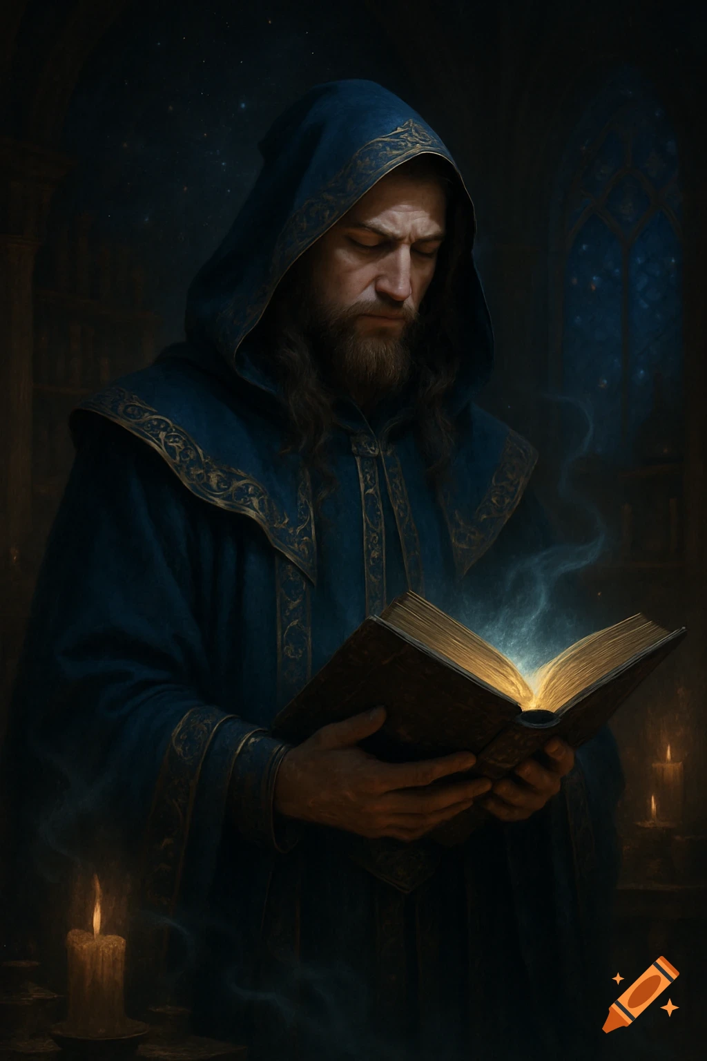 A bearded wizard in blue robes reads a glowing book in a dark, atmospheric room.