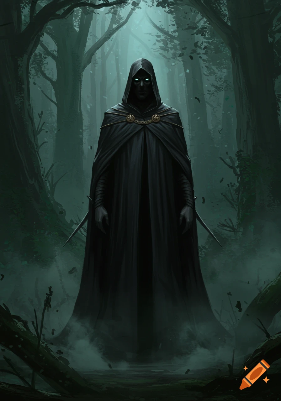 A tall, dark cloaked figure with glowing green eyes stands in a misty, shadowy forest. Fantasy digital art.