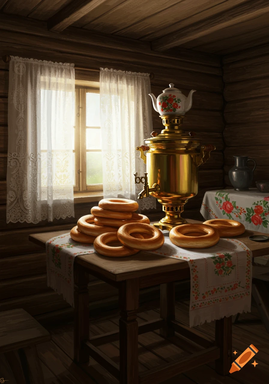 A traditional Russian cabin interior with a golden samovar and a stack of bagels on a wooden table near a sunlit window.