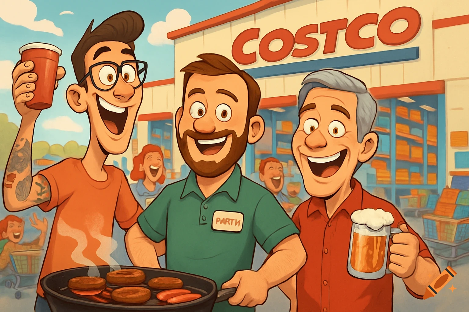 Three happy cartoon men are grilling outside a Costco, one holding a red cup, another a beer mug, in a lively, animated style.