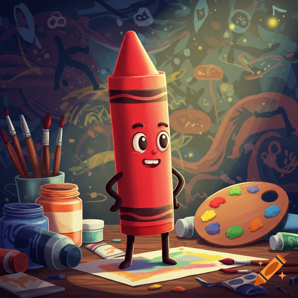A cheerful red crayon character with arms and legs stands on a colorful drawing amidst art supplies in a vibrant, stylized art studio.