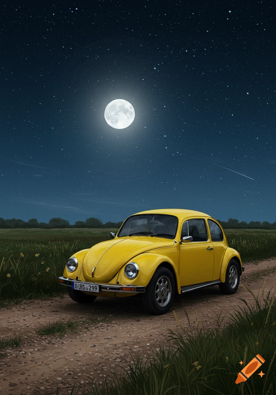 Yellow Volkswagen Beetle parked on a dirt road at night under a full moon and starry sky.