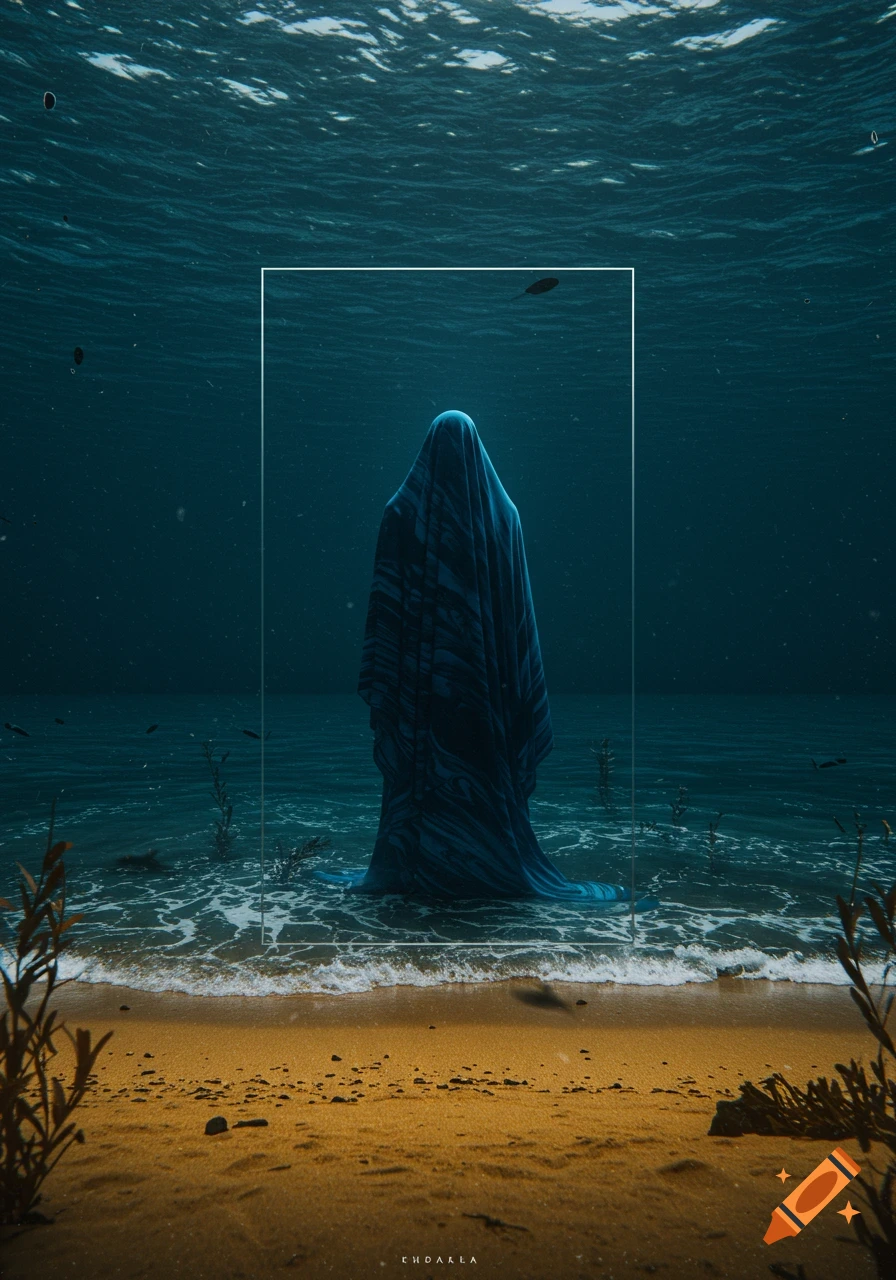 Mysterious blue draped figure stands in shallow ocean water at a sandy beach, seen from an underwater perspective.
