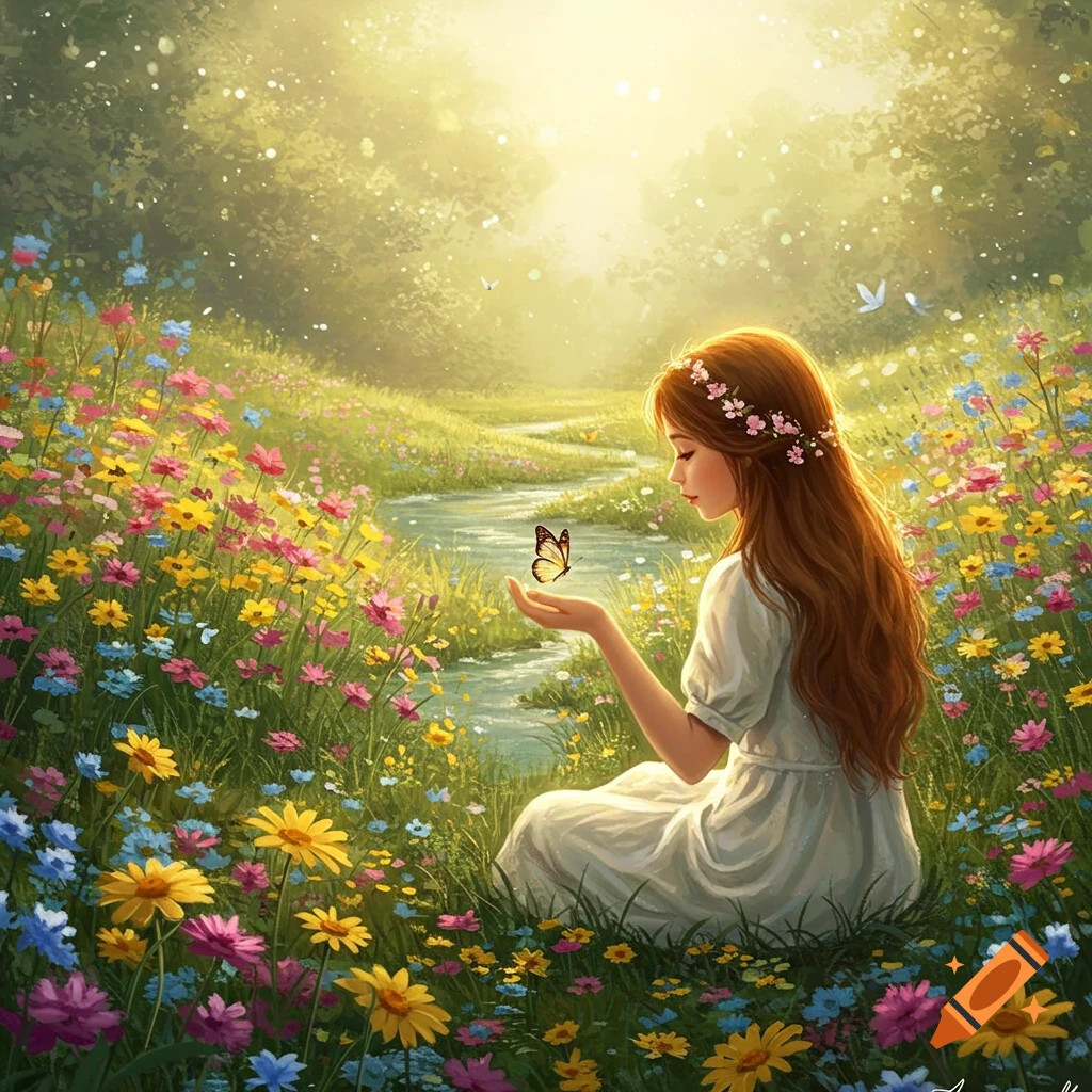 A girl with long brown hair and a flower crown sits in a vibrant meadow, gently holding out her hand to a butterfly, a stream and forest in the background.